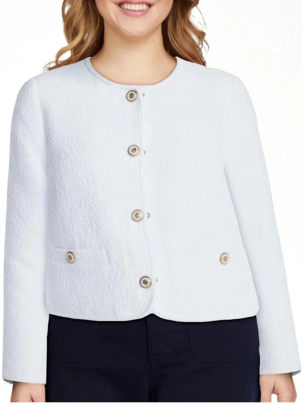 Free Assembly Women's Collarless Nubby Jacket with Long Sleeves